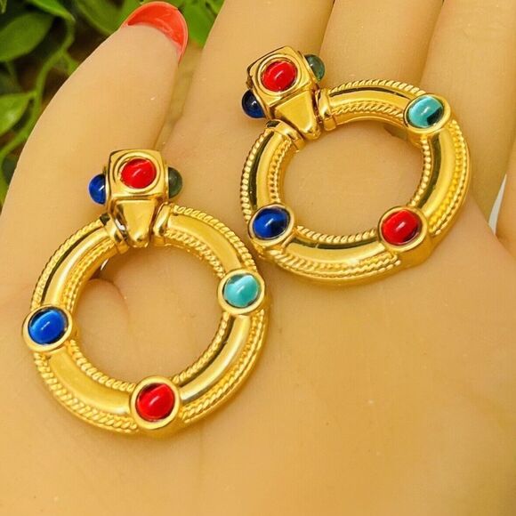 Vintage Mogul Jewels Gripoix Dangle Door Knocker Gold Red Blue Green Earrings - Picture 2 of 10